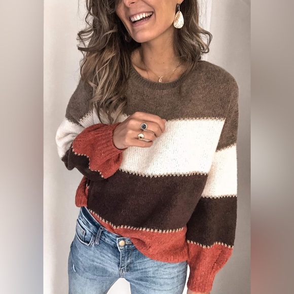 Long Sleeve Crewneck Color Block Patchwork Pullover Knit Sweater - Picture 4 of 8